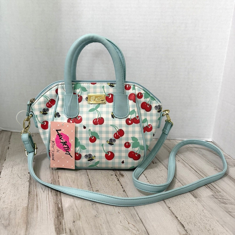 Betsey Johnson Purse Tote Blue Gingham Bees Cherries RARE Shoulder Bag NEW